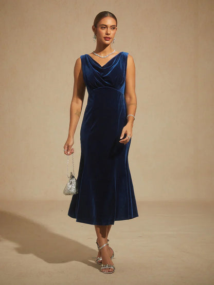 High-Stretch Velvet Sleeveless Midi Dress with Scoop Neck