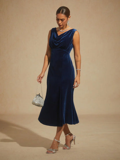 High-Stretch Velvet Sleeveless Midi Dress with Scoop Neck