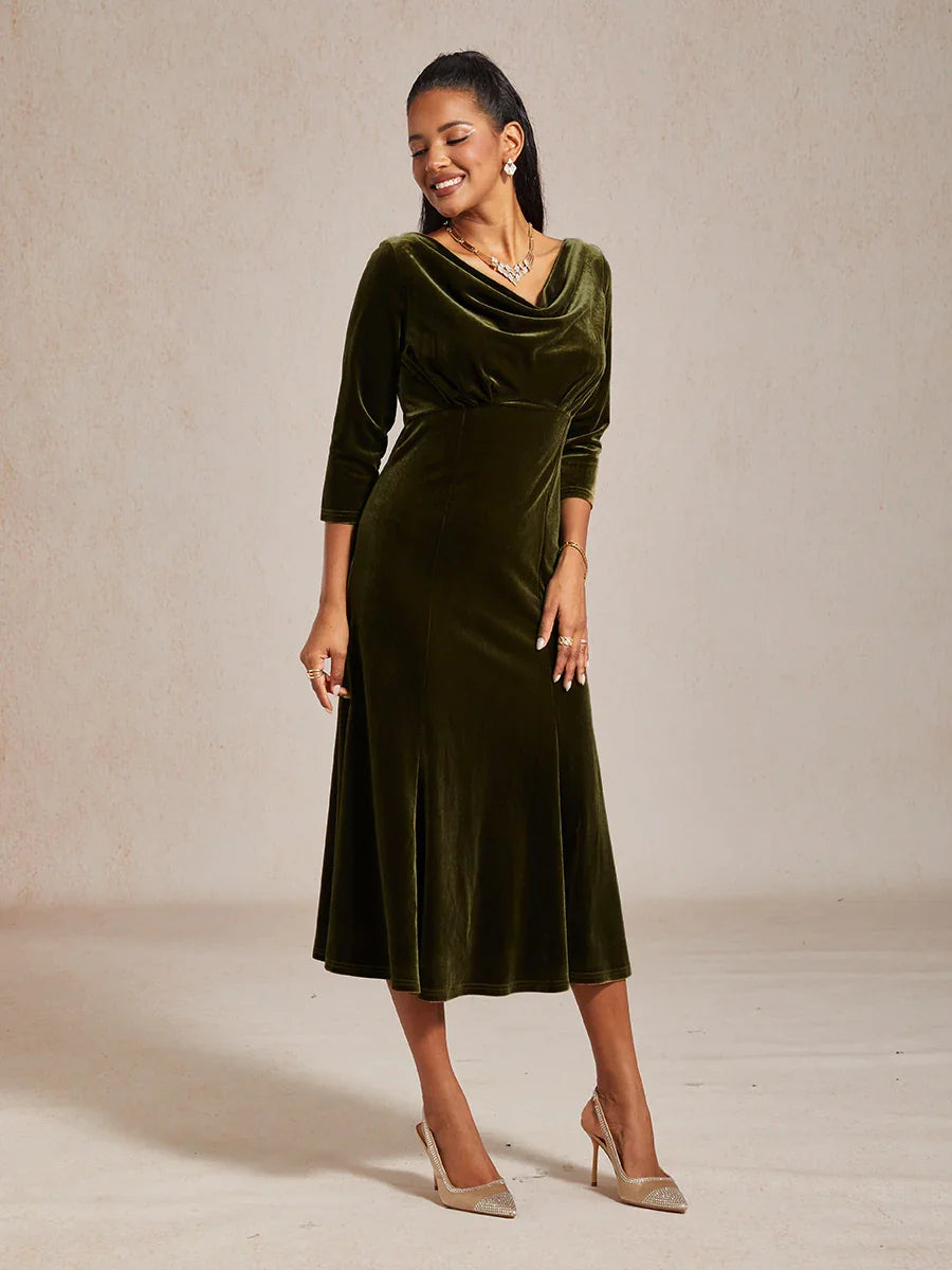High-Stretch Velvet Sleeveless Midi Dress with Cowl Neck