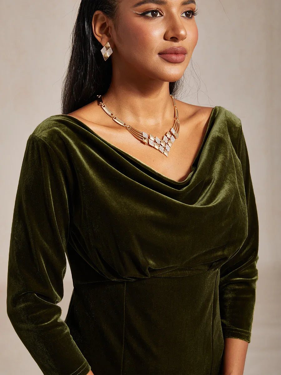 High-Stretch Velvet Sleeveless Midi Dress with Cowl Neck