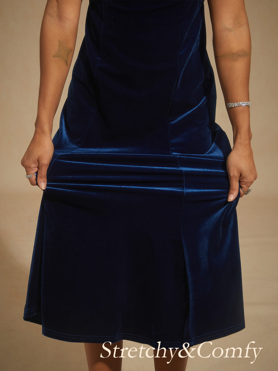 High-Stretch Velvet Sleeveless Midi Dress with Cowl Neck