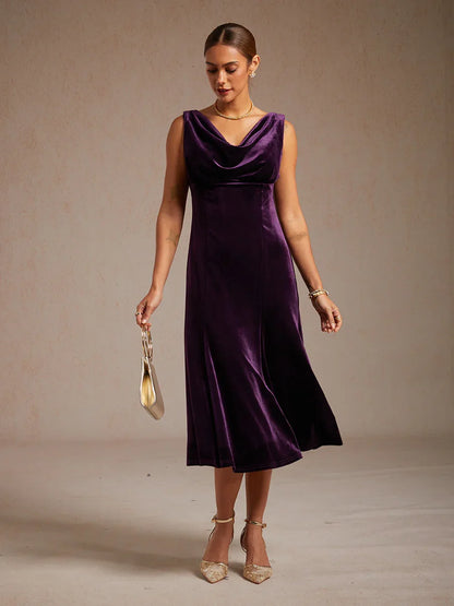 High-Stretch Velvet Sleeveless Midi Dress with Scoop Neck