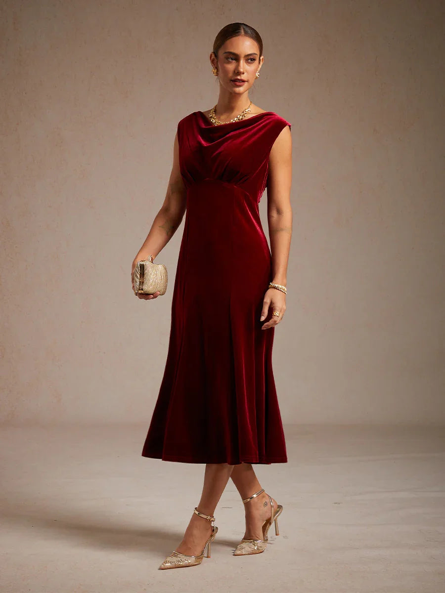 High-Stretch Velvet Sleeveless Midi Dress with Scoop Neck