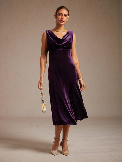 High-Stretch Velvet Sleeveless Midi Dress with Scoop Neck