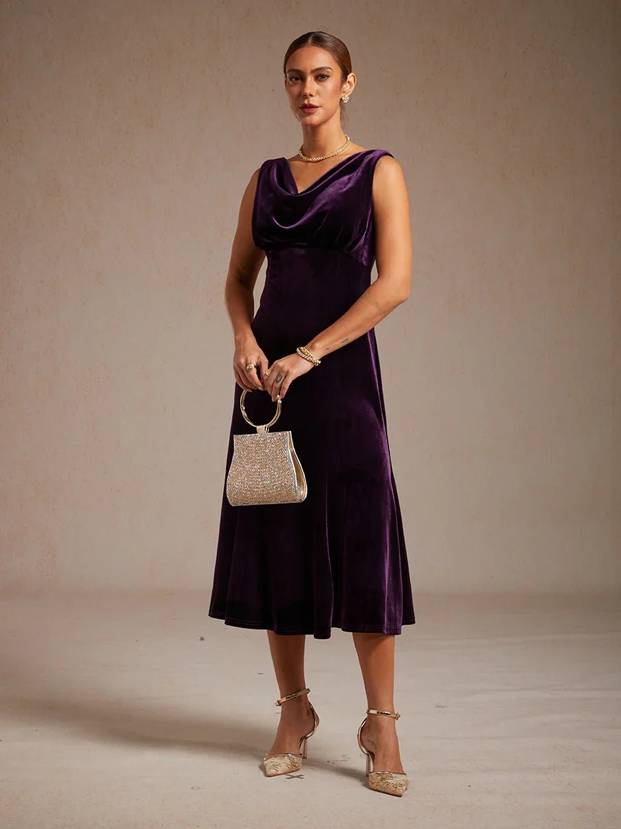 High-Stretch Velvet Sleeveless Midi Dress with Scoop Neck
