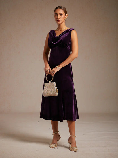 High-Stretch Velvet Sleeveless Midi Dress with Scoop Neck