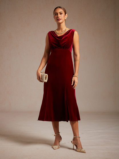 High-Stretch Velvet Sleeveless Midi Dress with Cowl Neck
