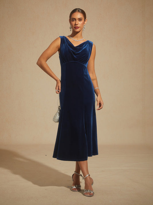 High-Stretch Velvet Sleeveless Midi Dress with Scoop Neck
