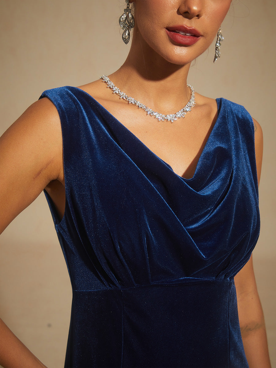 High-Stretch Velvet Sleeveless Midi Dress with Cowl Neck