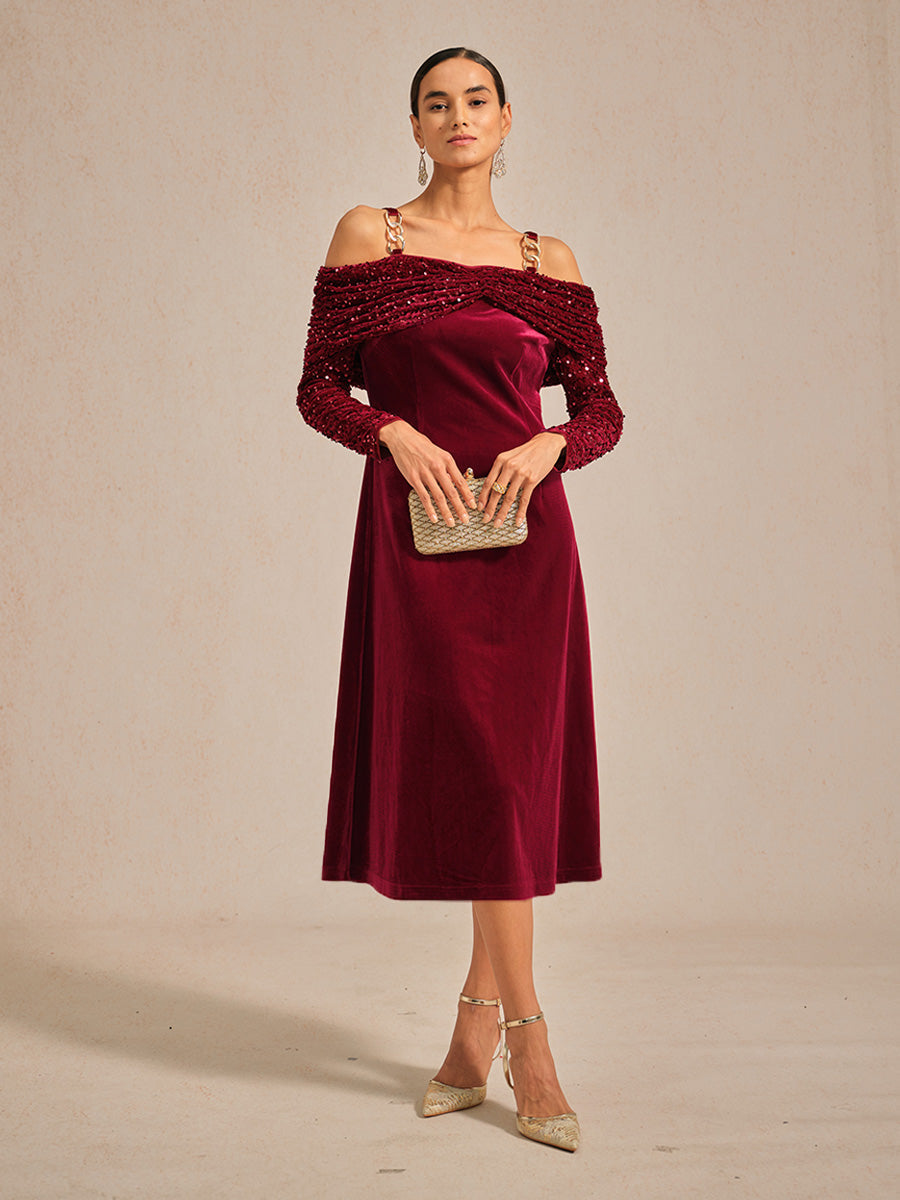 Off-Shoulder Velvet Midi Dress with Metal Ring Strap