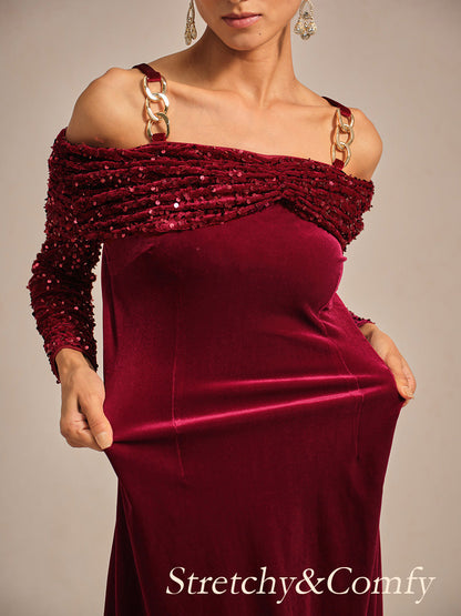 Off-Shoulder Velvet Midi Dress with Metal Ring Strap
