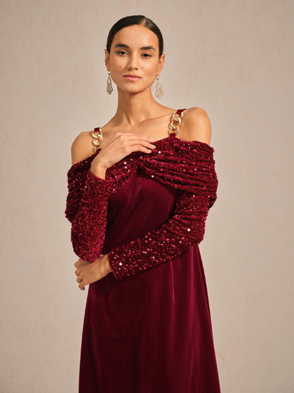 Off-Shoulder Velvet Midi Dress with Metal Ring Strap