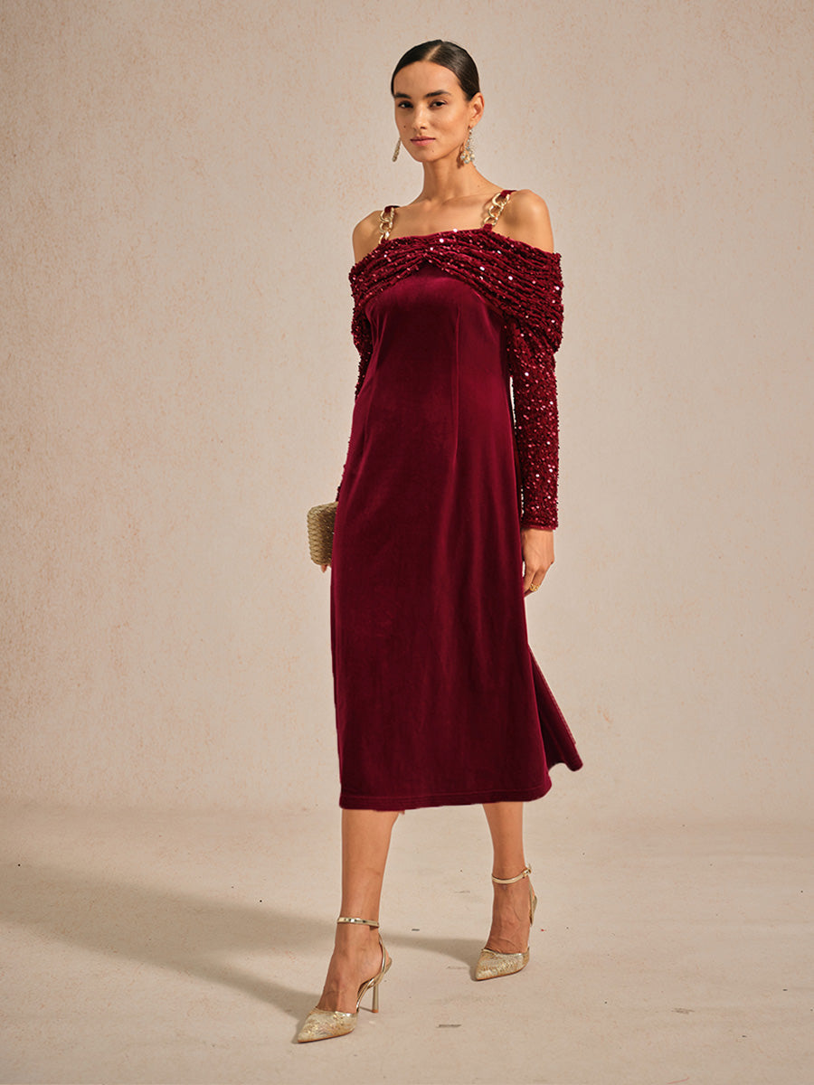 Off-Shoulder Velvet Midi Dress with Metal Ring Strap