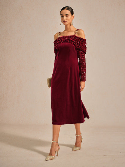 Off-Shoulder Velvet Midi Dress with Metal Ring Strap