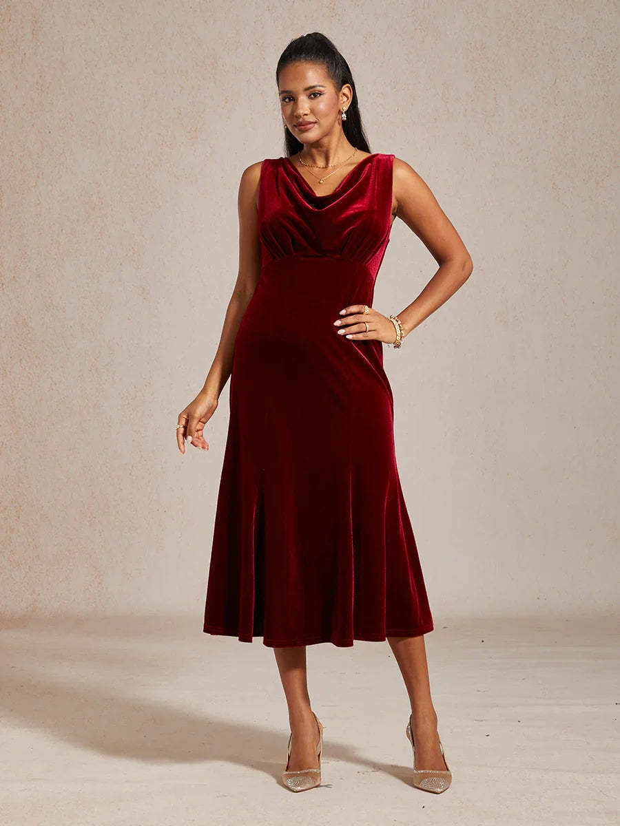High-Stretch Velvet Sleeveless Midi Dress with Scoop Neck