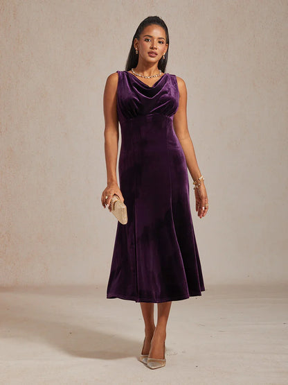 High-Stretch Velvet Sleeveless Midi Dress with Cowl Neck