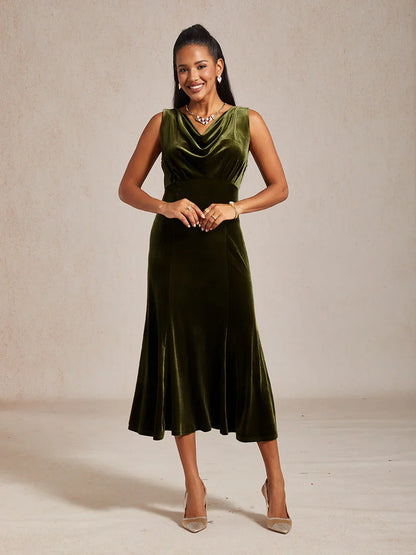 High-Stretch Velvet Sleeveless Midi Dress with Scoop Neck