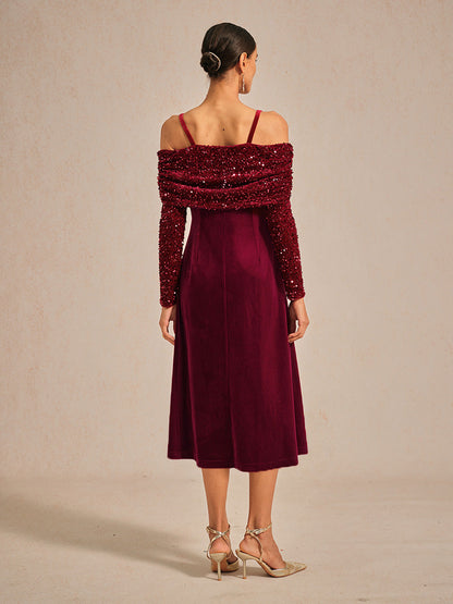 Off-Shoulder Velvet Midi Dress with Metal Ring Strap