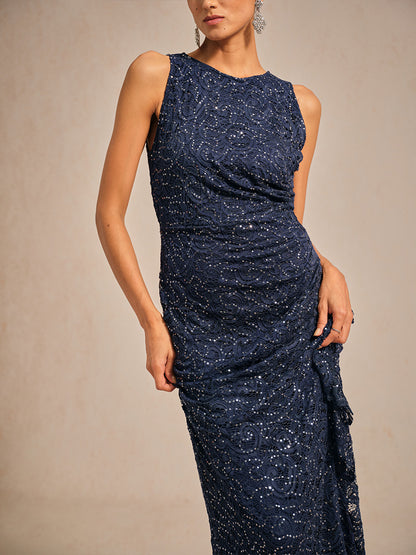 Lace Sequin Maxi Dress with Ruffle Detail