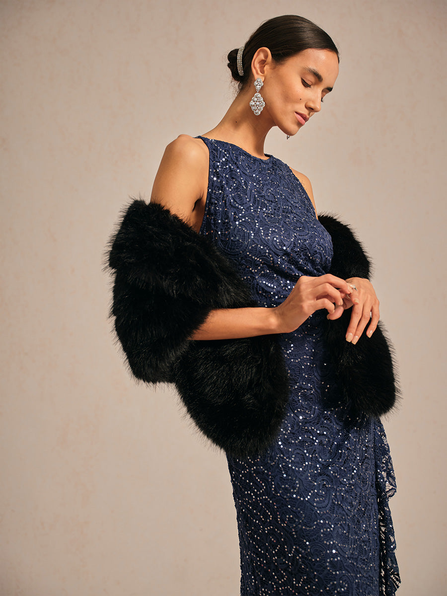 Lace Sequin Maxi Dress with Ruffle Detail