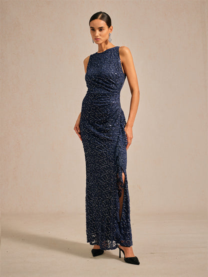 Lace Sequin Maxi Dress with Ruffle Detail
