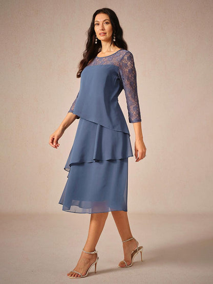 Lace Tiered Chiffon 3/4 Length Sleeve Dress