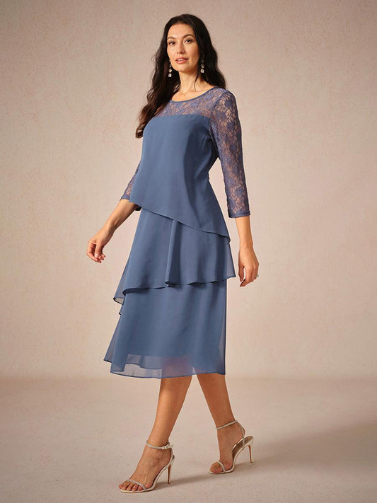 Lace Tiered Chiffon 3/4 Length Sleeve Dress