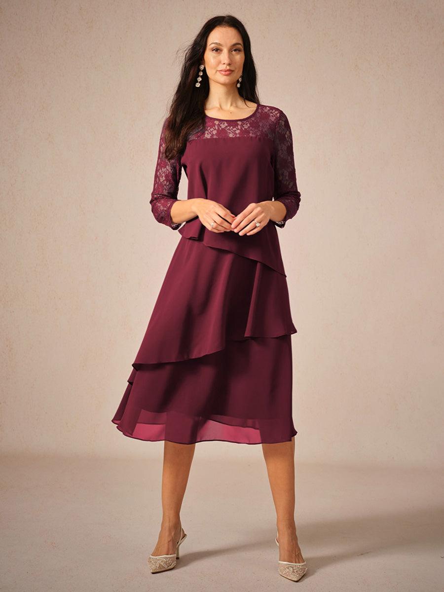 Chiffonkleid mit Spitzenverzierung und 3/4-Ärmeln