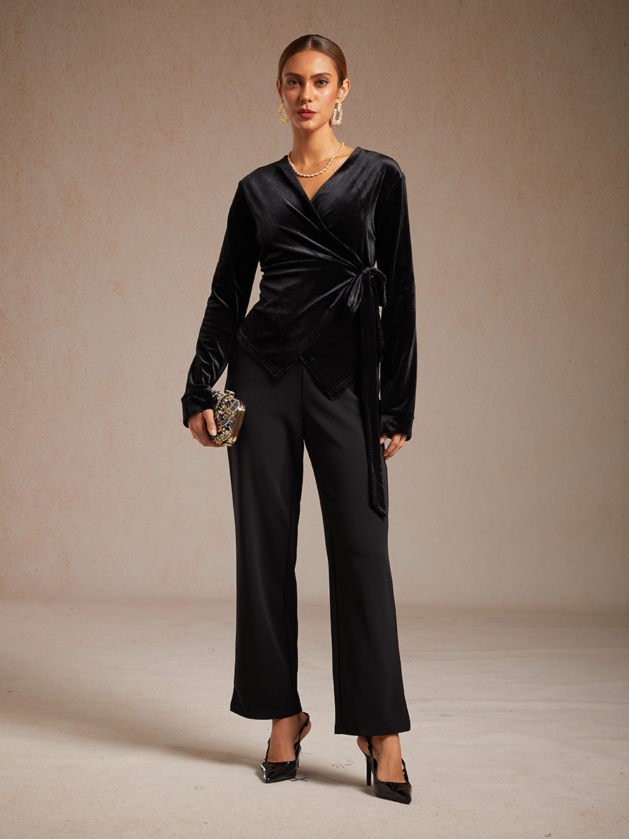 Velvet Wrap Blouse with V-Neckline