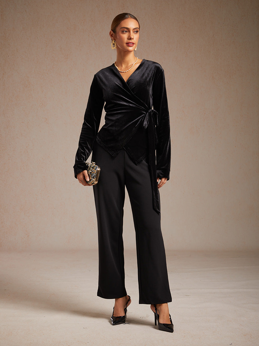 Velvet Wrap Blouse with V-Neckline