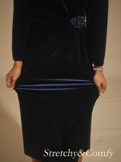 Velvet Sheath Midi Dress with Embellishment Detail