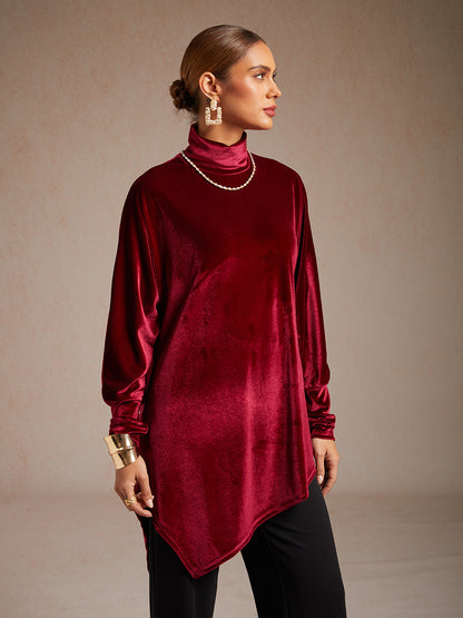 Velvet Tunic Blouse with Turtleneck and Asymmetric Hem