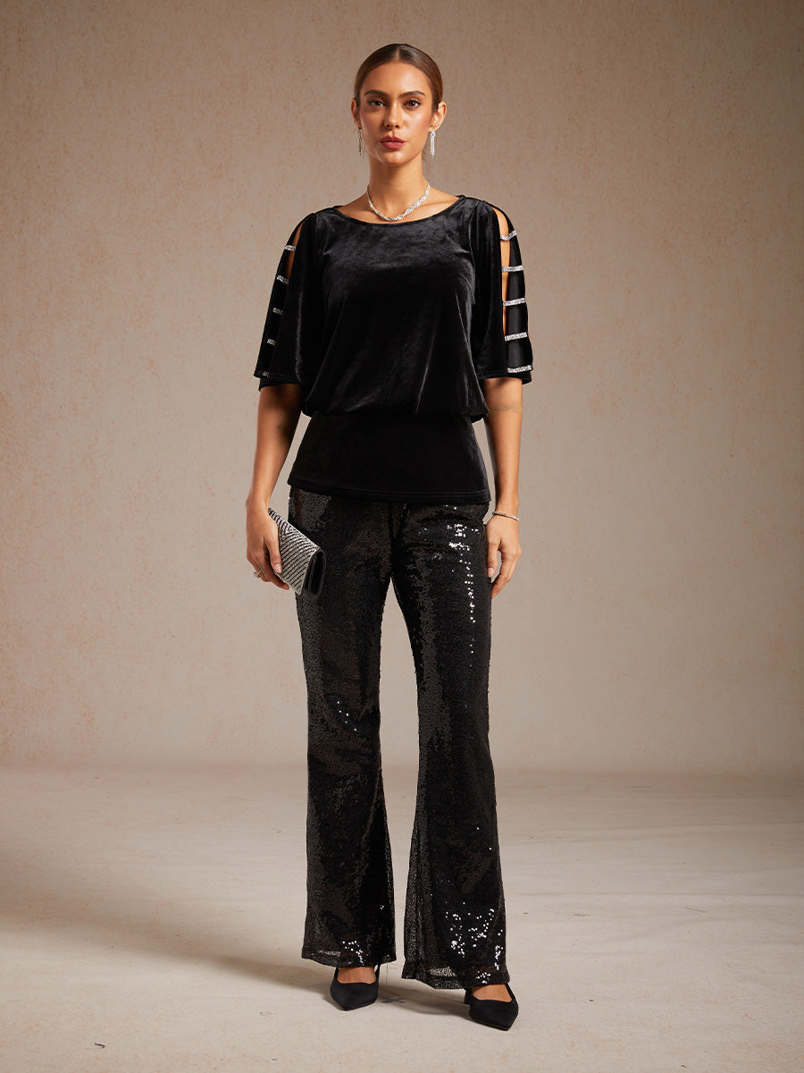 Sequin Flare Pants for Women with Elastic Waist