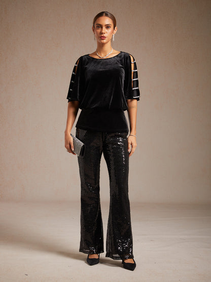Sequin Flare Pants for Women with Elastic Waist