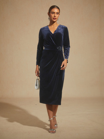 Velvet Sheath Midi Dress with Embellishment Detail