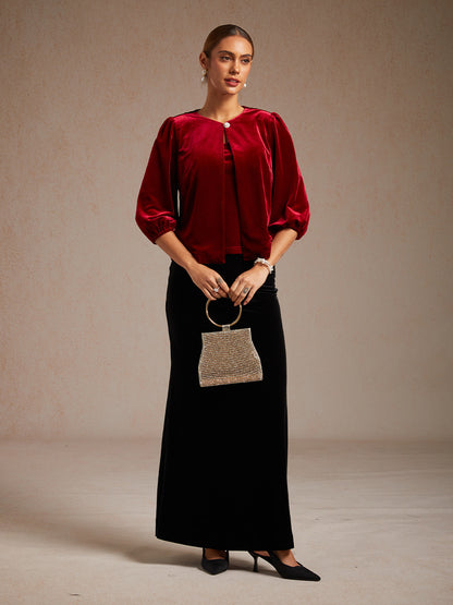 Velvet Puff Sleeves Twinset with Embellished Neckline Closure