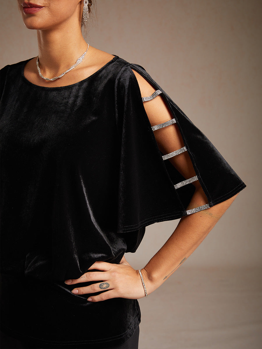 Embellished Cold Shoulder Blouse with Rhinestone Detail