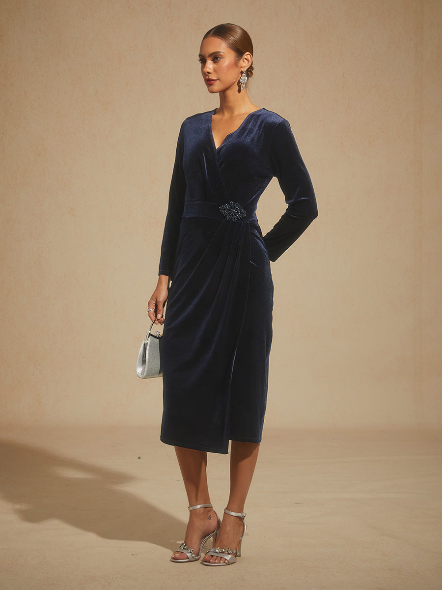 Velvet Sheath Midi Dress with Embellishment Detail