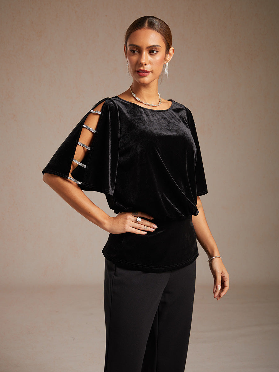 Embellished Cold Shoulder Blouse with Rhinestone Detail