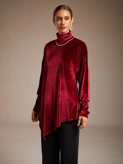Velvet Tunic Blouse with Turtleneck and Asymmetric Hem