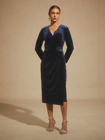 Velvet Sheath Midi Dress with Embellishment Detail