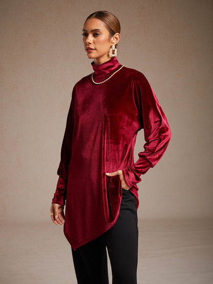Velvet Tunic Blouse with Turtleneck and Asymmetric Hem