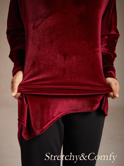 Velvet Tunic Blouse with Turtleneck and Asymmetric Hem