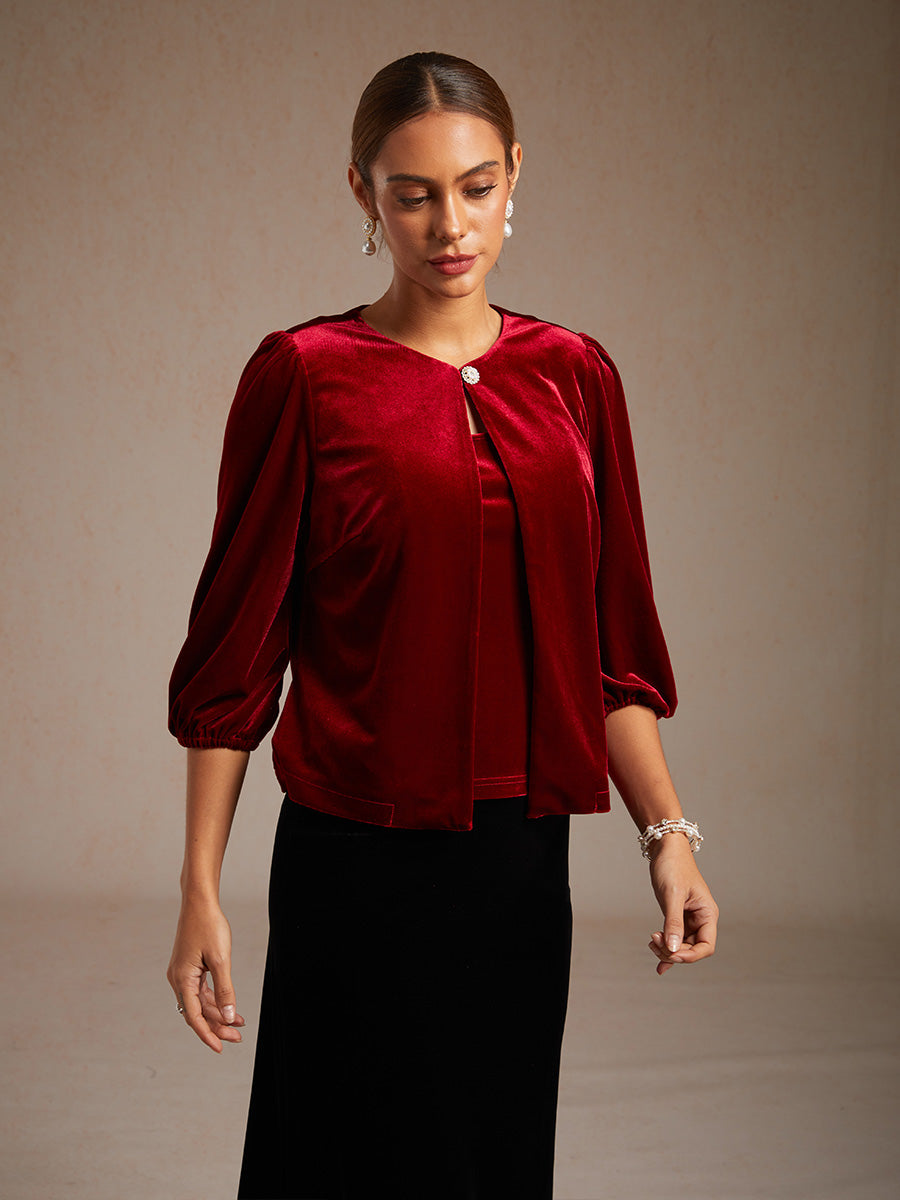 Velvet Puff Sleeves Twinset with Embellished Neckline Closure