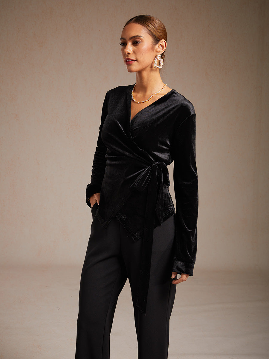 Velvet Wrap Blouse with V-Neckline