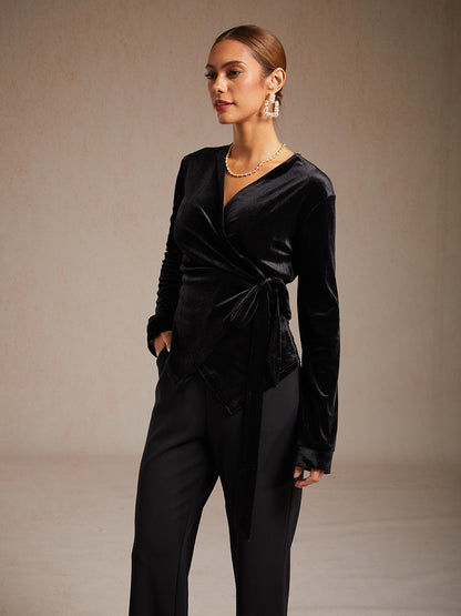 Velvet Wrap Blouse with V-Neckline