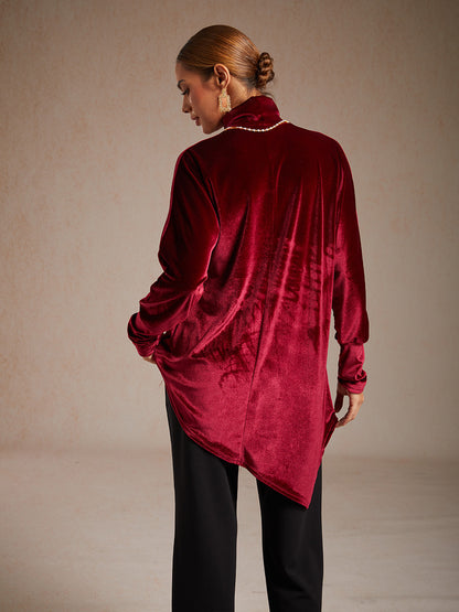 Velvet Tunic Blouse with Turtleneck and Asymmetric Hem