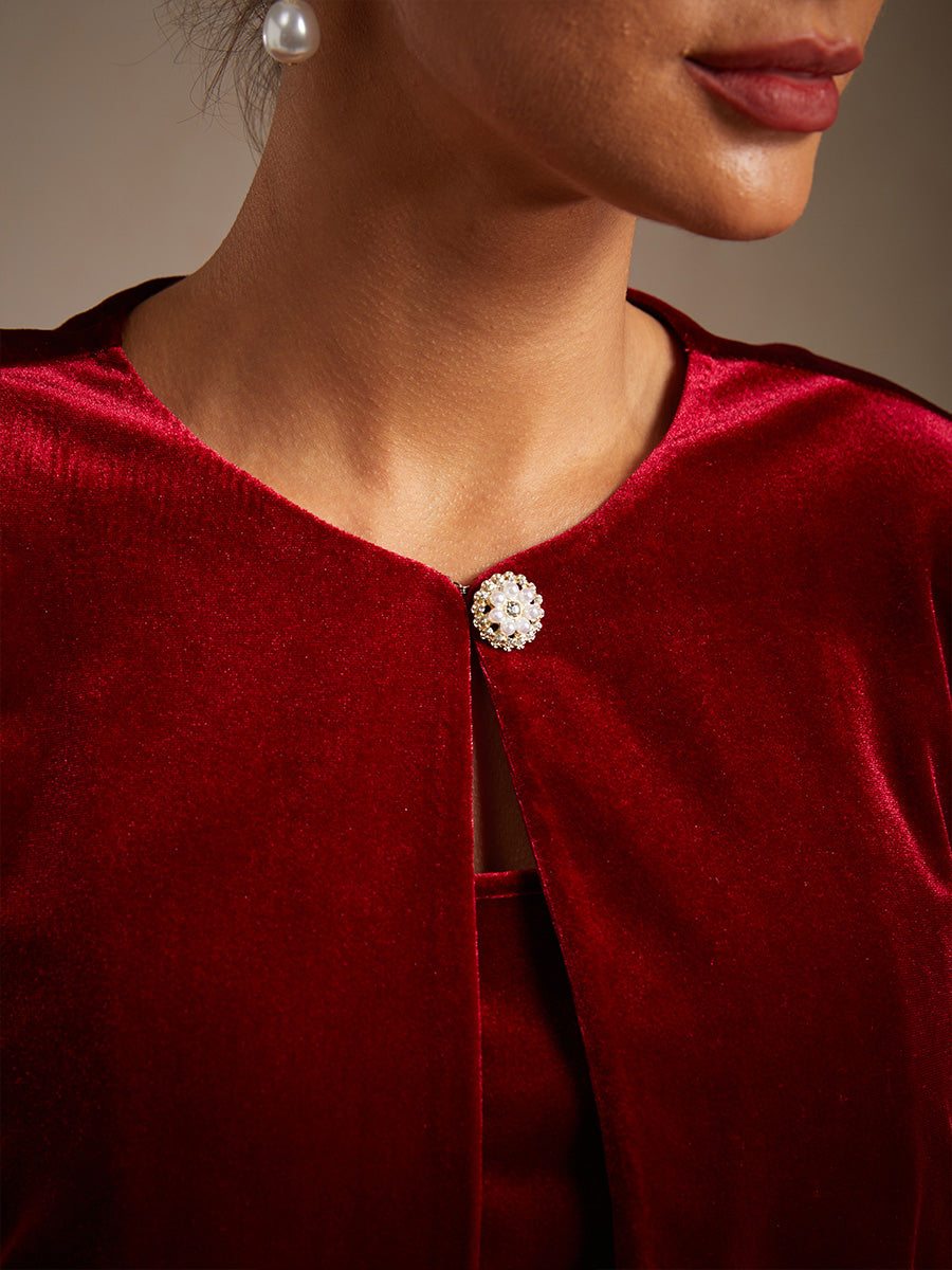 Velvet Puff Sleeves Twinset with Embellished Neckline Closure