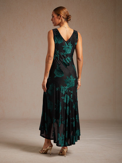 Velvet Floral Evening Gown with Asymmetrical Hem