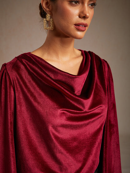 Elegant Stretch Velvet Blouse with Cowl Collar